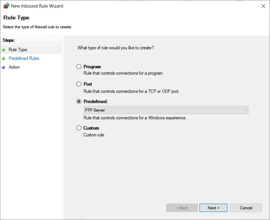 Chọn FTP Server predefined rule