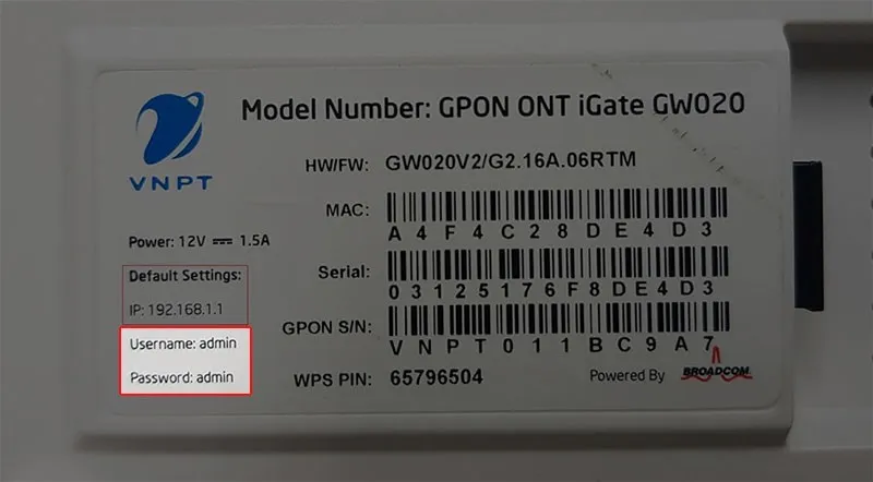 Thông tin chi tiết về Username và Password quản trị thiết bị VNPT
