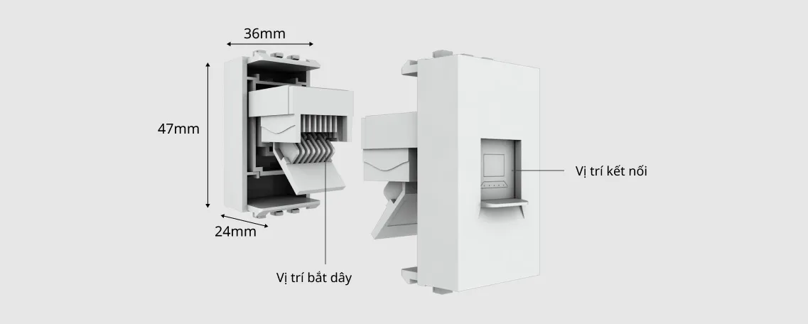 Mặt trước hạt ổ cắm mạng lan âm tường có nắp che bụi