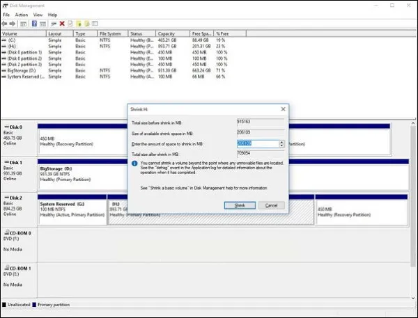 Hộp thoại nhập dung lượng cần chia nhỏ cho phân vùng SSD mới trên máy tính