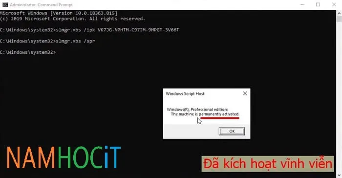 Hộp thoại thông báo hệ điều hành Windows đã được kích hoạt vĩnh viễn thành công