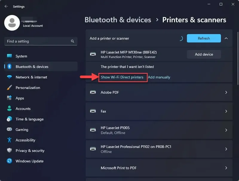 Hiển thị máy in Wi-Fi Direct
