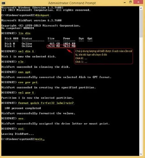 Nhập lệnh diskpart trong cửa sổ CMD để tạo USB boot Win 7