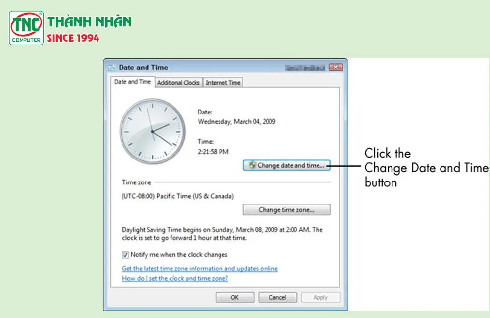 Thao tác chỉnh lại thời gian trên hệ điều hành Windows 7