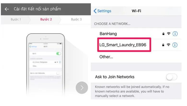 Kết nối với WiFi tạm thời của máy giặt