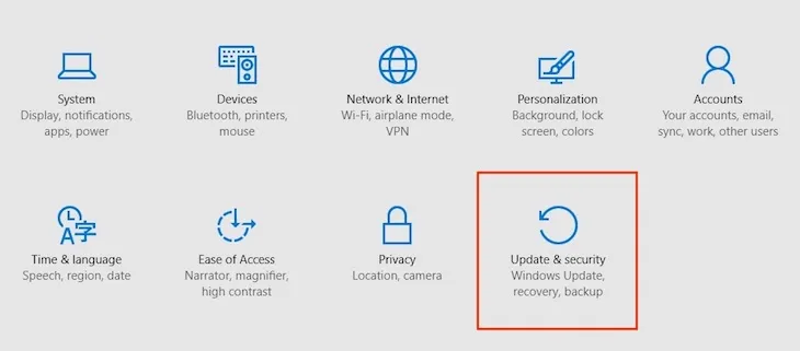 Truy cập Update & Security trong Settings