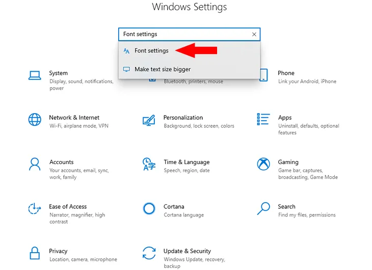 Nhập vào Font Settings