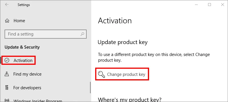 Nhấp vào tab Activation và chọn Change Product Key để nhập mã