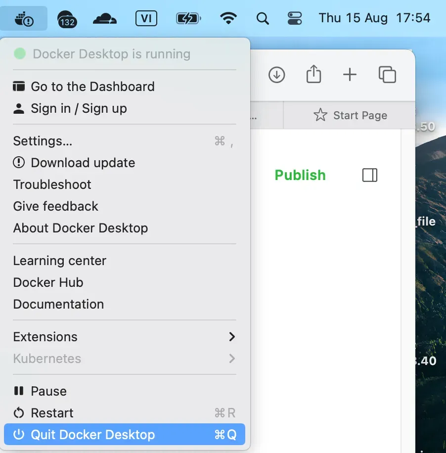 Thao tác thoát Docker Desktop để giải phóng RAM cho máy tính