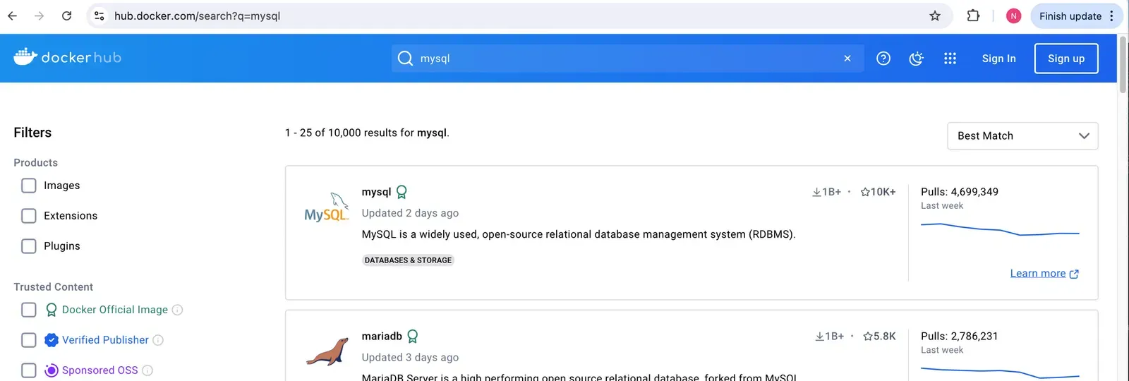 Giao diện tìm kiếm Image chính thức của MySQL