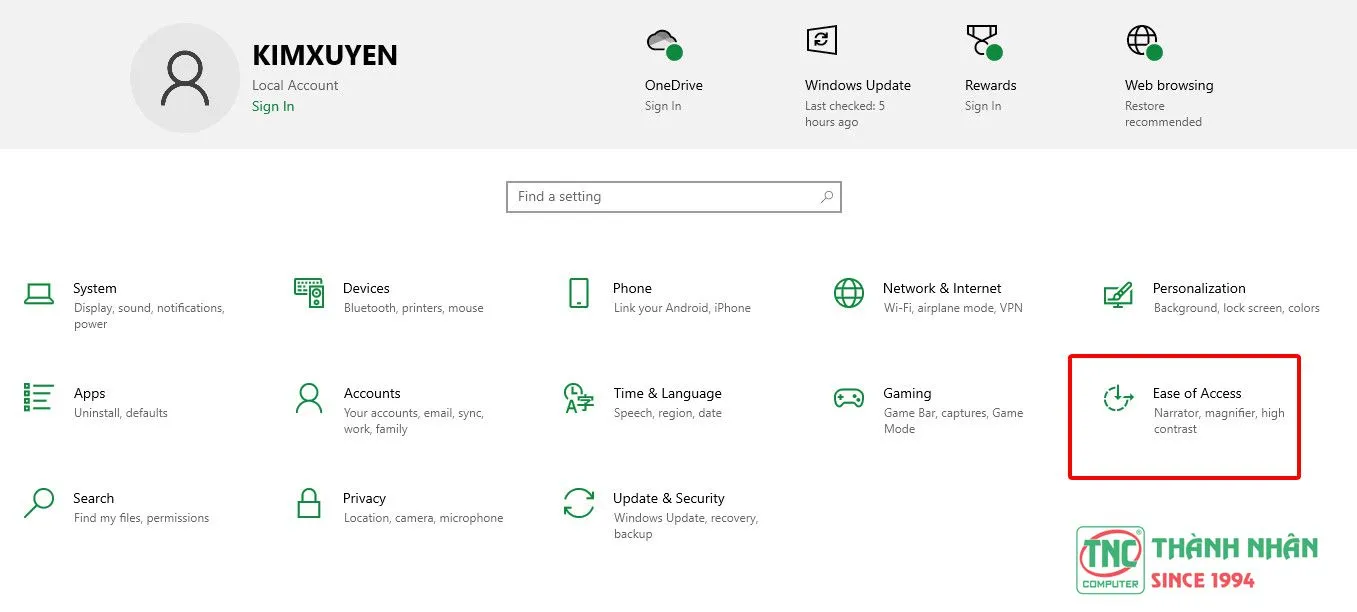 Hướng dẫn truy cập vào Ease of Access để tùy chỉnh các tính năng bàn phím