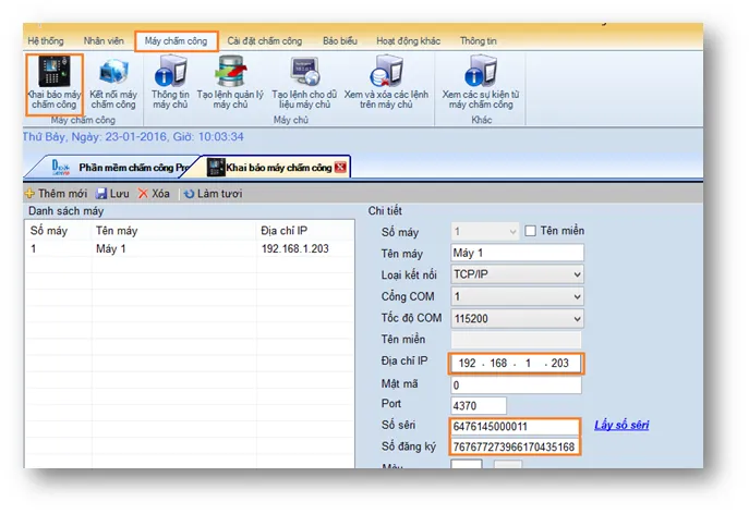 Giao diện khai báo máy chấm công với các trường IP, port, tên máy