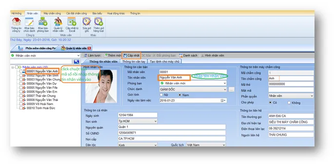 Form nhập thông tin nhân viên với các trường mã NV, họ tên, phòng ban