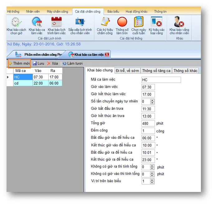 Giao diện thiết lập ca làm việc với giờ vào, giờ ra, thời gian cho phép muộn