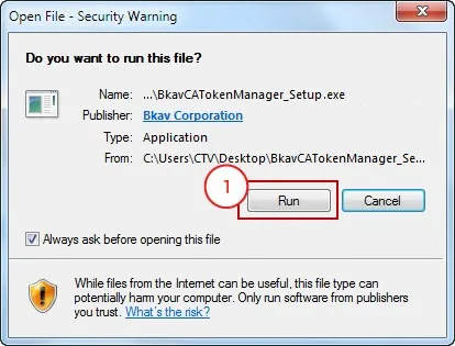 Cửa sổ xác nhận chạy file cài đặt BkavCA Token Manager