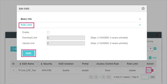 Giao diện bật tính năng Rate Limit cho SSID