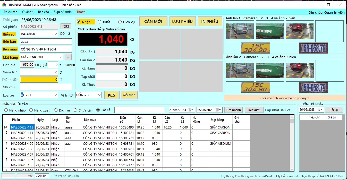 Giao diện phần mềm cân xe tải SmartScale trên desktop với các module quản lý phiếu cân, báo cáo và giám sát camera