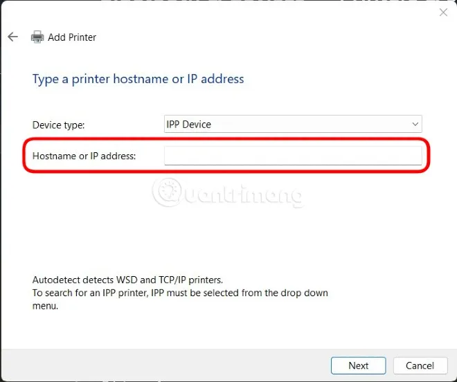 Nhập địa chỉ IP máy in