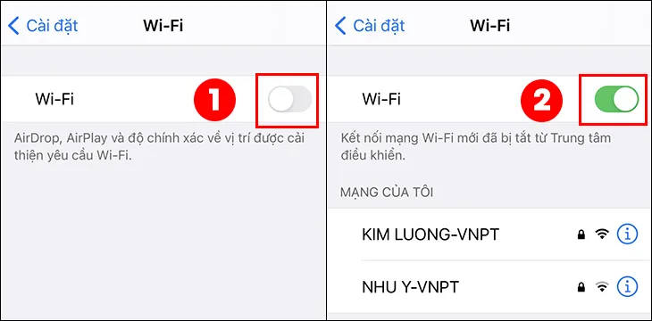 Gạt công tắc cạnh mục Wi-Fi sang trái để tắt Wi-Fi, sau đó gạt lại sang bên phải để bật lại Wi-Fi
