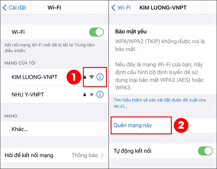 Nhấn vào biểu tượng chữ i bên phải tên Wi-Fi mà bạn đang kết nối và tiến hành chọn mục Quên mạng này.