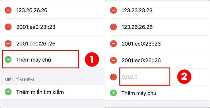 nhấn vào dấu cộng màu xanh phía trước mục Thêm máy chủ để nhập lại địa chỉ DNS mới