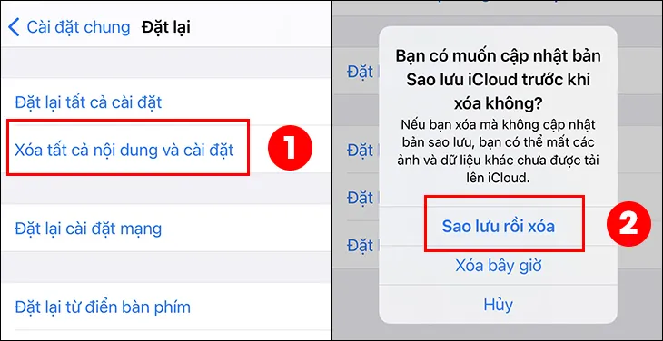 Chọn Xóa tất cả nội dung và cài đặt và chọn Sao lưu và xóa là hoàn tất