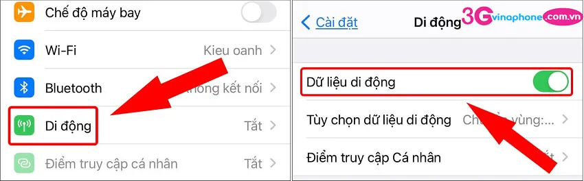 Bật dữ liệu di động trên iPhone