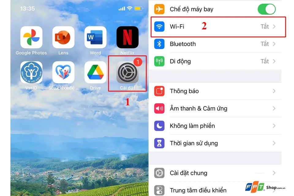 Truy cập menu WiFi trong Settings
