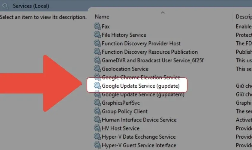 Kéo xuống tìm Google Update Service