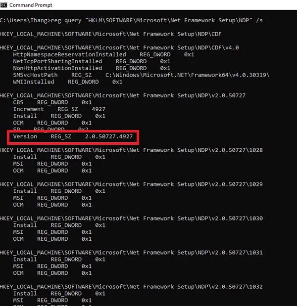 Kết quả hiển thị phiên bản phần mềm chi tiết trên giao diện dòng lệnh cmd