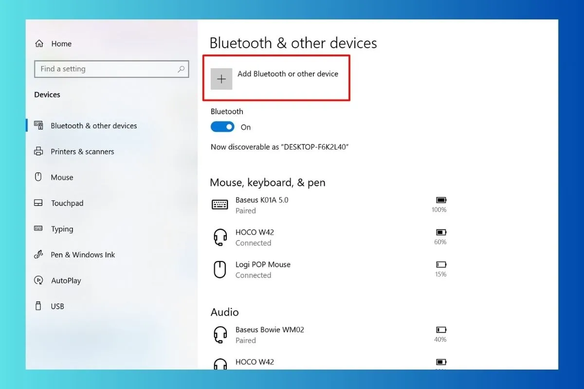 Chọn Add Bluetooth or other device trong Settings