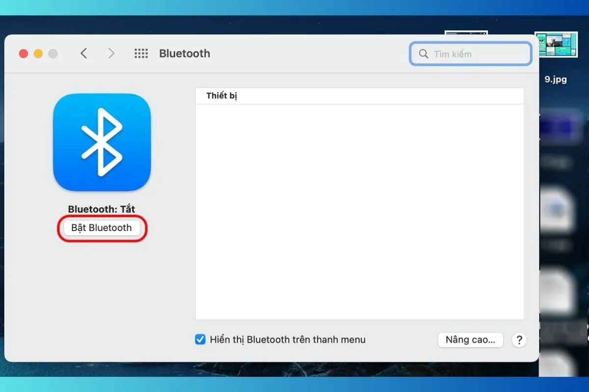 Bật Bluetooth trong System Settings của macOS