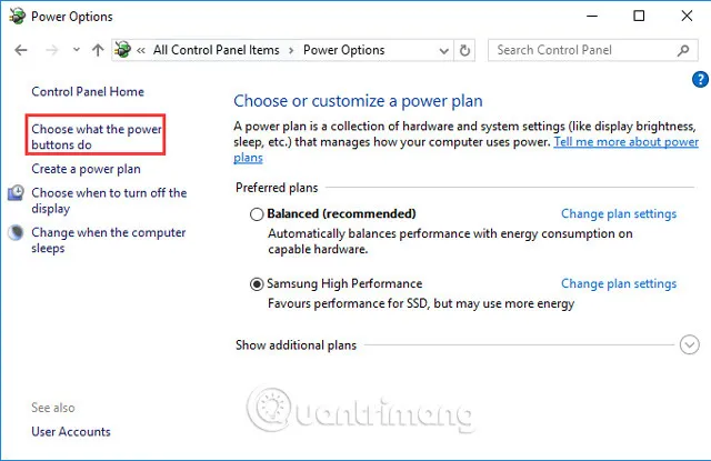 Thiết lập hành vi nút nguồn trong Control Panel