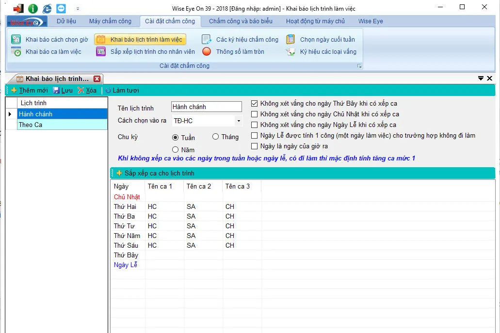 Giao diện khai báo lịch trình làm việc trên Wise Eye On 39