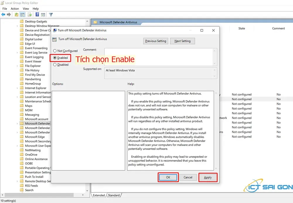 Kích hoạt Enable để hoàn tất cách tắt virus & threat protection win 10