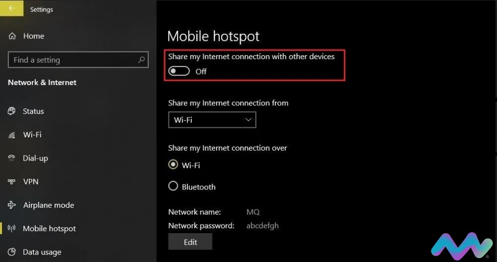 Kích hoạt nút On để bắt đầu chia sẻ Internet không dây