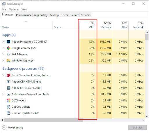 Kiểm tra mức độ sử dụng CPU của các ứng dụng hay trình duyệt