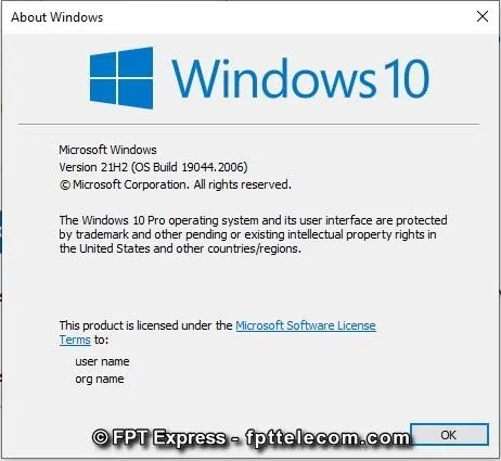Thông tin Windows hiển thị qua winver