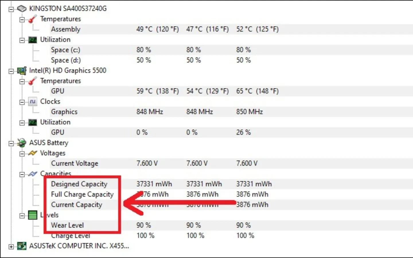 Xem thông tin về pin laptop tại mục Battery của phần mềm