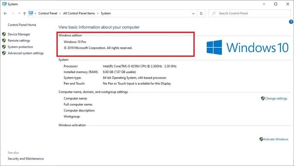 Thông tin Windows trong Control Panel