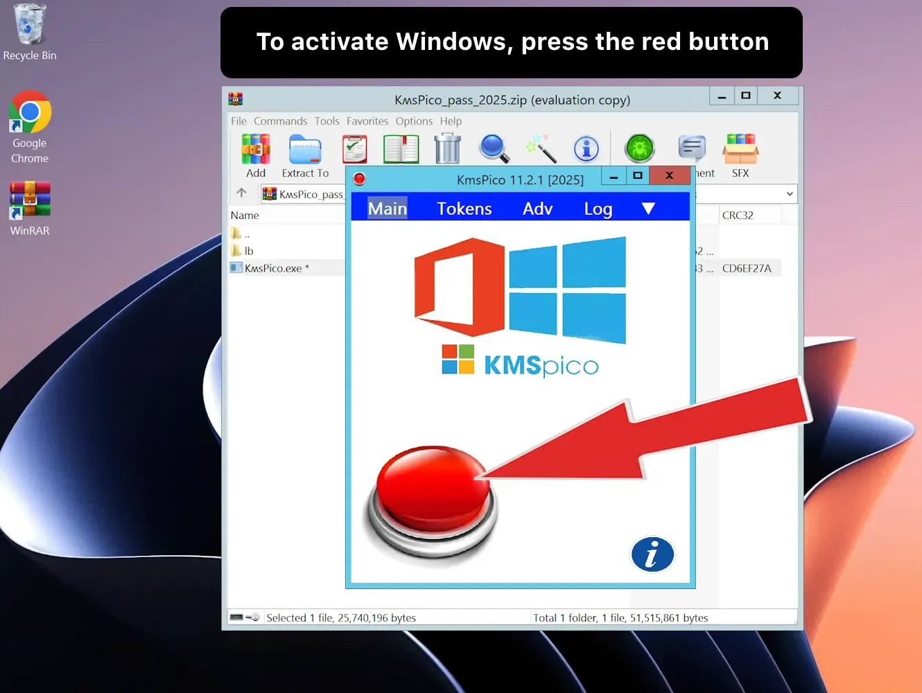 Nút kích hoạt chính trong KMSpico dành cho Windows và Office