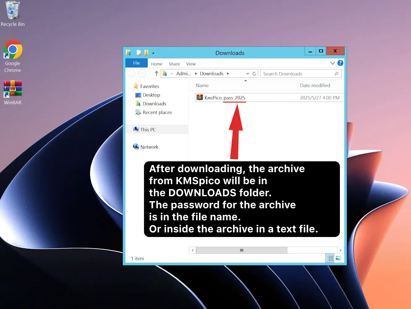 Tệp nén KMSpico trong thư mục Downloads kèm mật khẩu giải nén