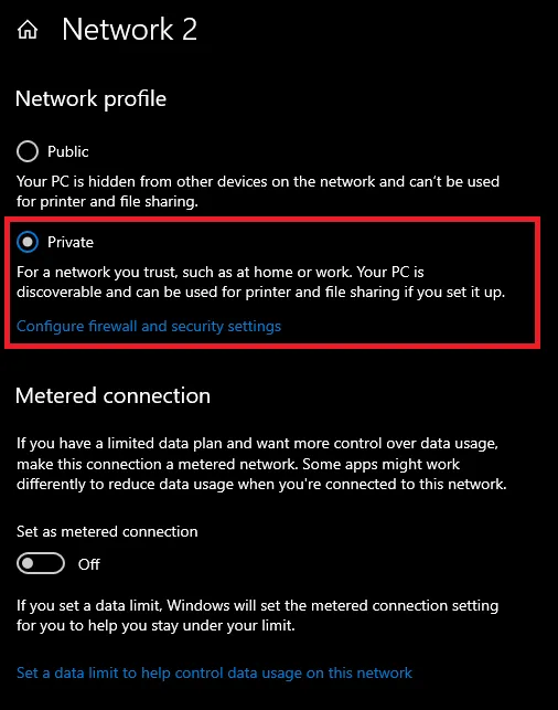 Chuyển sang chế độ Private network