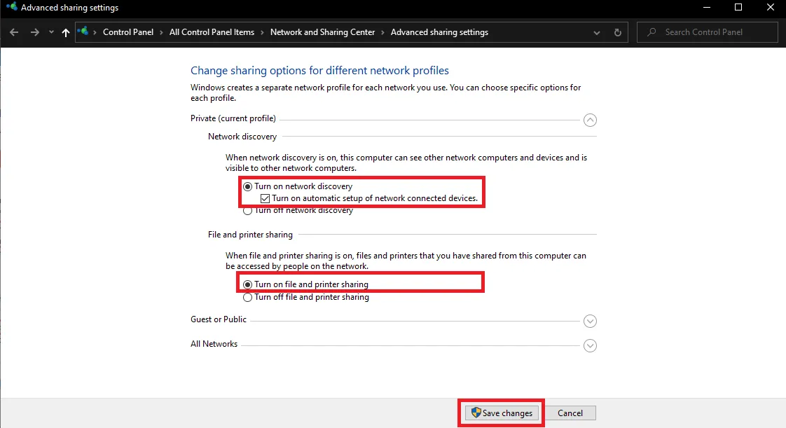 Bật tính năng phát hiện mạng
