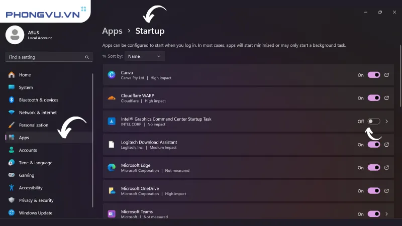 Quản lý ứng dụng khởi động trong Settings
