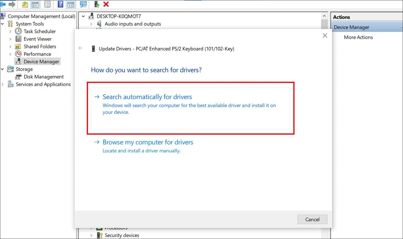 Để Windows tự động tìm kiếm phiên bản driver bàn phím mới nhất