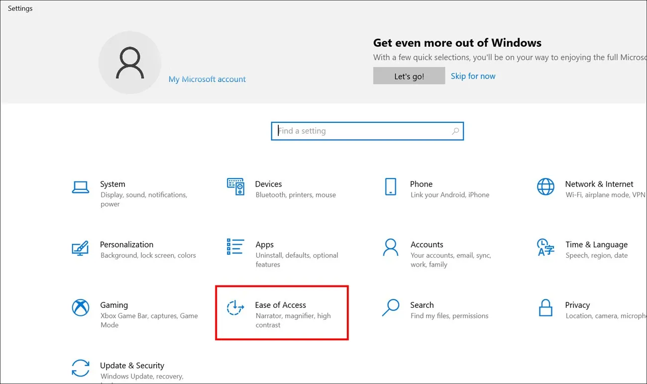 Truy cập thiết lập Ease of Access để kiểm tra cài đặt bộ lọc phím