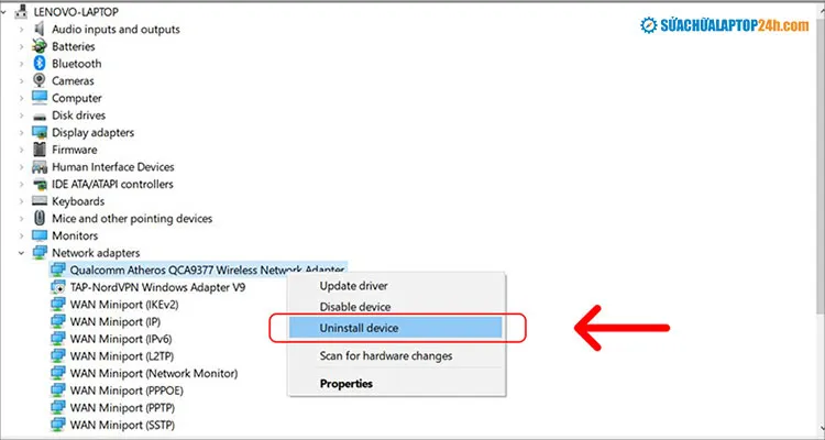 Gỡ bỏ Driver mạng bị lỗi trong trình quản lý thiết bị