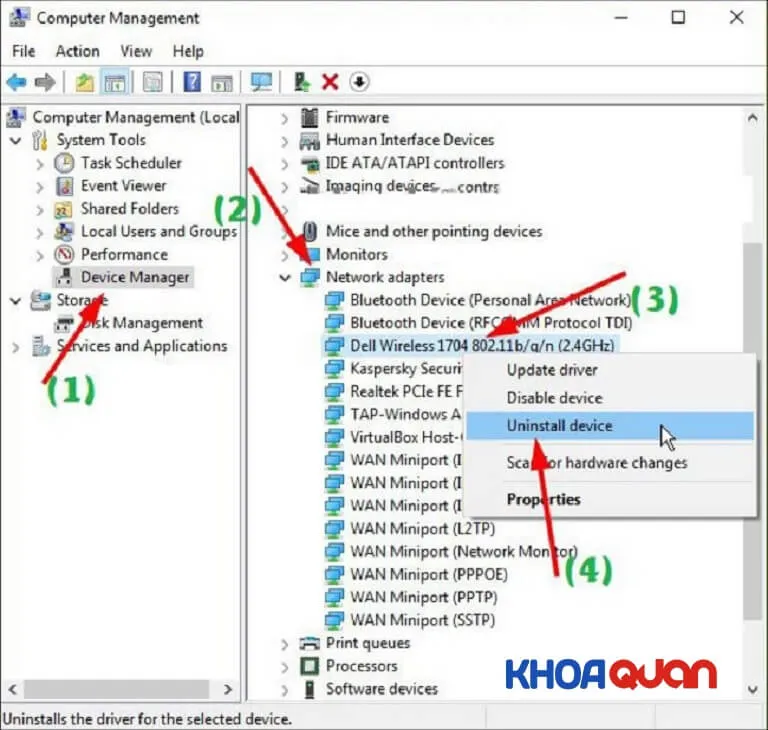 Chọn Network adapters Wireless để tiến hành gỡ bỏ phần mềm lỗi