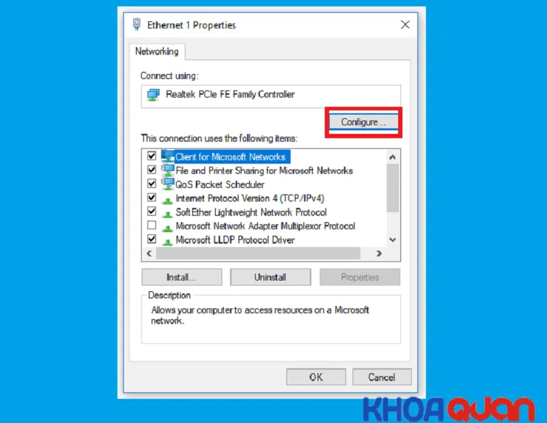 Chọn mục Configure để cấu hình sâu cho thiết bị mạng